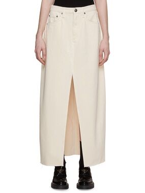 Rag & Bone Ecru Cream Denim Fall Avery Maxi Skirt with Front Slit & Raw Hem